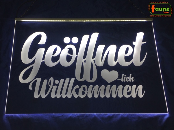 LED Hinweisschild Gravur "Geöffnet - Herzlich willkommen" Info-Schild Signalschild Werbeschild Leuchtschild