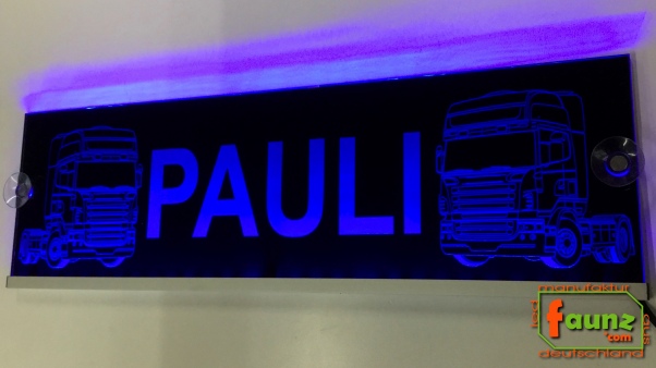 "LED Namensschild Detailzeichnung Zugmaschine Gravur ""PAULI"" oder Wunschname auf Rechteckplatte - Truckerschild Neonschild Leuchtschild"